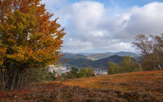 Panoramic landscape image, beautiful scenery of Rothaar Mountains with heather landscape close to Willingen, Sauerland, Germany 