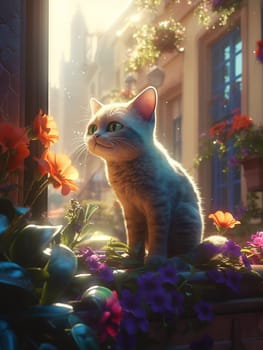 Cute funny cat cartoon looking trough window in appartment, in the city morning light. surrounded by colorful flowers Pet concept generative AI
