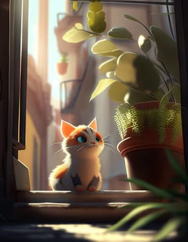 Cute funny cat cartoon looking trough window in appartment, in the city morning light. surrounded by colorful flowers Pet concept generative AI