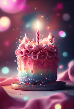 Unicorn cake design with pink frosting with burning candle and sparkling bokeh lights, birthday, little girls concept Generative AI