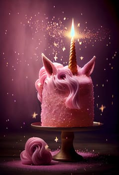 Unicorn cake design with pink frosting with burning candle and sparkling bokeh lights, birthday, little girls concept Generative AI