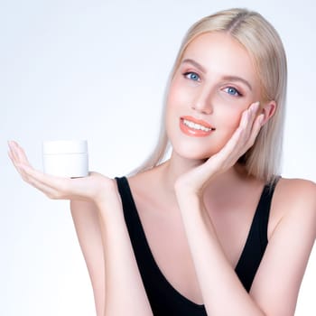 Closeup personable beautiful perfect natural cosmetic makeup skin woman holding mockup jar moisturizer cream for healthy skincare treatment, anti-aging product advertisement in isolated background.