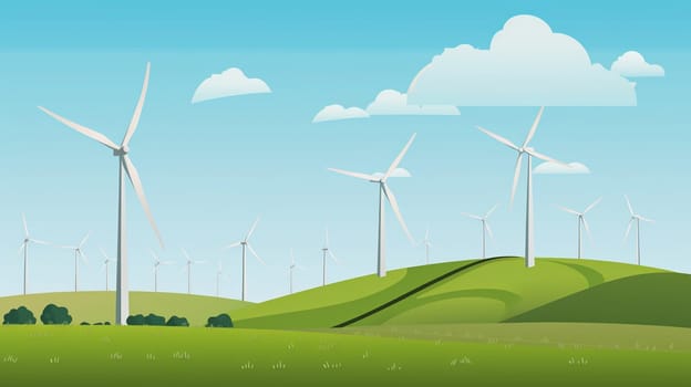 A wind farm peacefully generates electricity, its turbines beautifully blending in with the surrounding grassland and blue sky. AI Generated