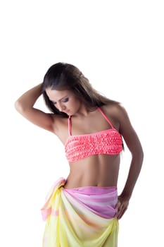 Cute young girl in posing bikini and pareo, close-up