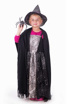 a girl in a halloween costume holds a black toy spider in her hands on a white background