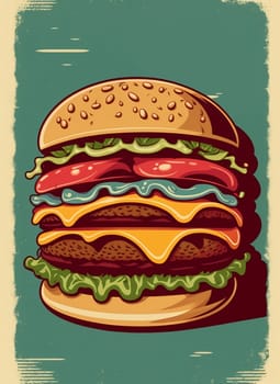 Vintage retro poster from 50s, 60s. Fast food, burger, cheeseburger delivery. Grunge poster Illustration