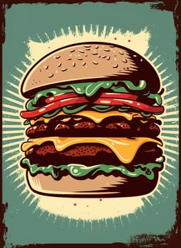 Vintage retro poster from 50s, 60s. Fast food, burger, cheeseburger delivery. Grunge poster Illustration