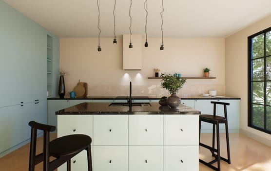 Modern spacious bright kitchen with sunlight and dark accents. 3d visualization. A green kitchen with minimal fronts, black bar stools, an island with drawers and kitchen utensils.