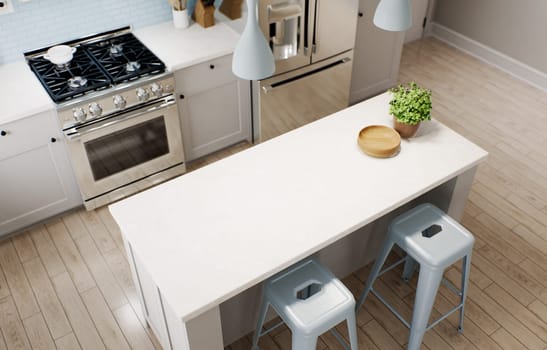 Spacious bright kitchen with a blue apron and blue chairs. 3d rendering. Focus on the marble countertop against the backdrop of kitchen appliances and utensils.