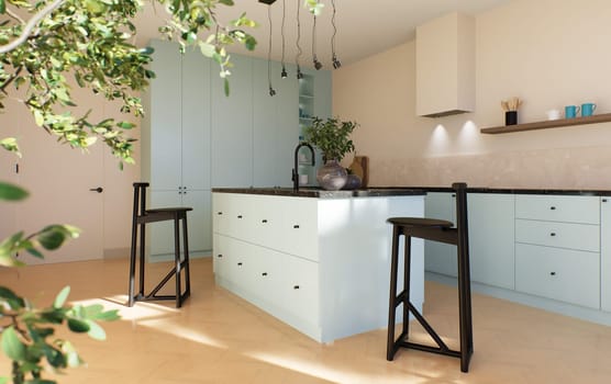 Modern spacious bright kitchen with sunlight and dark accents. 3d visualization. A green kitchen with minimal fronts, black bar stools, an island with drawers and kitchen utensils.