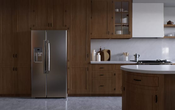 Spacious wooden kitchen with white marble. 3d rendering. A two-door chrome-plated refrigerator in the kitchen between the kitchen cabinets.