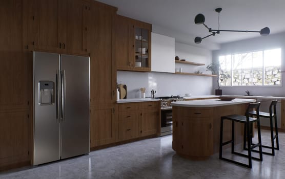 Spacious wooden kitchen with white marble. 3d rendering. Kitchen with rounded island and black wooden bar stools. Kitchen with appliances and utensils.