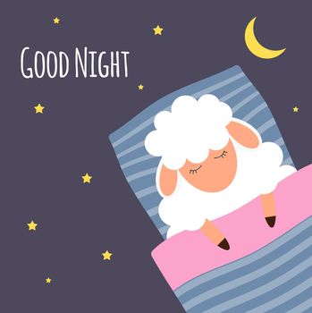 Cute little sheep on the night sky. Good night. vector illustration. EPS10