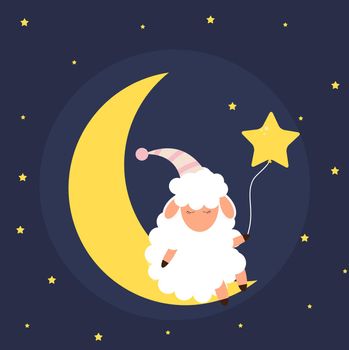 Cute little sheep on the night sky. Sweet dreams. vector illustration. EPS10