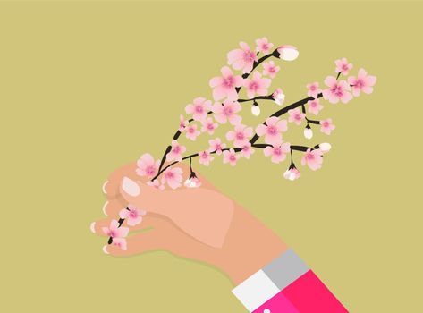 Hand holding colorful branch of cherry blossoms. Vector Illustration. EPS10