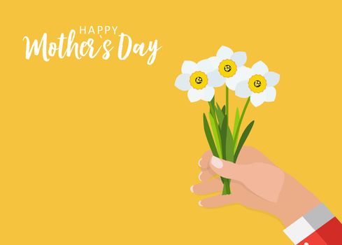 Happy Mother's day greeting card with hand holding flowers background. Vector Illustration. EPS10