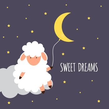 Cute little sheep on the night sky. Sweet dreams. vector illustration. EPS10