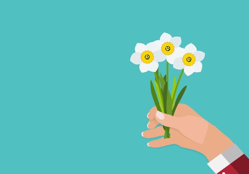Hand of a man holds Spring Narcissus Flowers Background Vector Illustration. EPS10