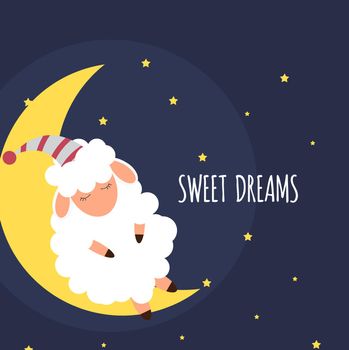 Cute little sheep on the night sky. Sweet dreams. vector illustration. EPS10