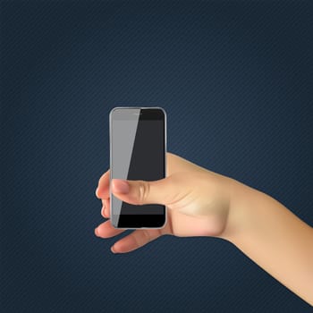 Realistic hand of man holds mobile phone, smartphone. Vector Illustration. EPS10