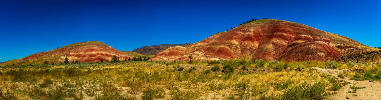 Painted Hills National Monument, in Mitchell Oregon, colorful layers show geological eras.