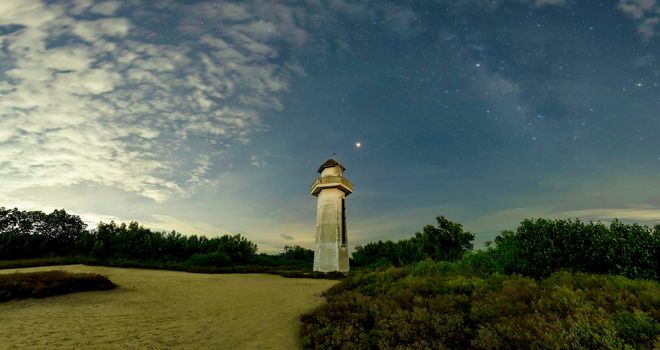 The lighthouse looks neat in the sea, the old lighthouse in the wilderness. The sky behind has clouds, stars and the Milky Way.