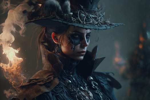Witch with making witchcraft, magic spells, hat conjuring. Spooky dark magic forest . Magician. Wide Halloween party art design. Terrifying scary personage, beautiful sorceress.
