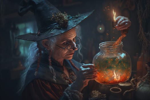 Witch with making witchcraft, magic spells, hat conjuring. Spooky dark magic forest . Magician. Wide Halloween party art design. Terrifying scary personage, beautiful sorceress.
