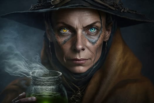 Witch with making witchcraft, magic spells, hat conjuring. Spooky dark magic forest . Magician. Wide Halloween party art design. Terrifying scary personage, beautiful sorceress.