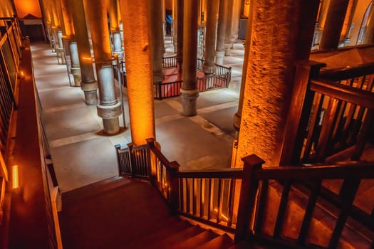 Beautiful cistern in Istanbul. Cistern - underground water reservoir build in 6th century, Istanbul, Turkey, Turkiye.