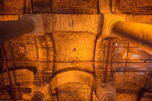 Beautiful cistern in Istanbul. Cistern - underground water reservoir build in 6th century, Istanbul, Turkey, Turkiye.