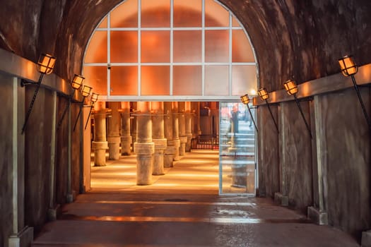 Beautiful cistern in Istanbul. Cistern - underground water reservoir build in 6th century, Istanbul, Turkey, Turkiye.