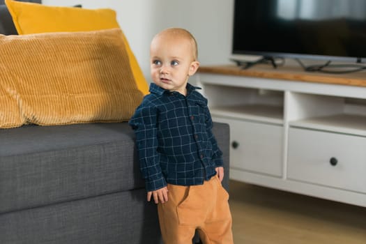 Toddler boy laughing having fun standing near sofa in living room at home. Adorable baby making first steps alone. Happy childhood and child care