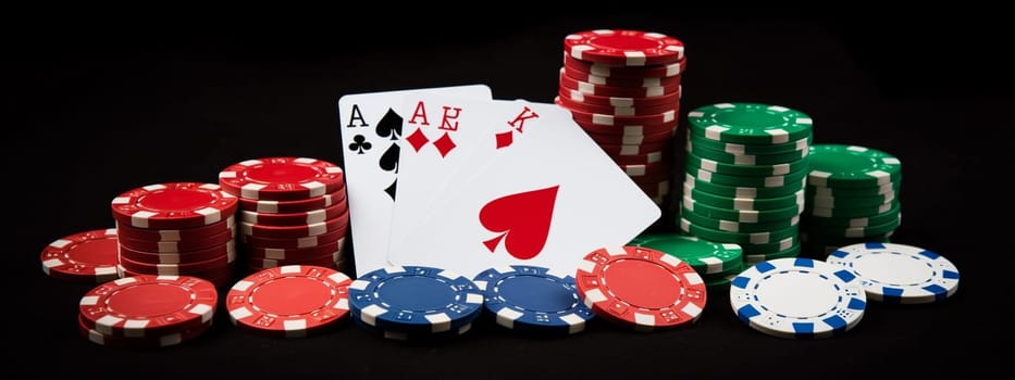 Casino poker chips falling on green felt background. Generative AI