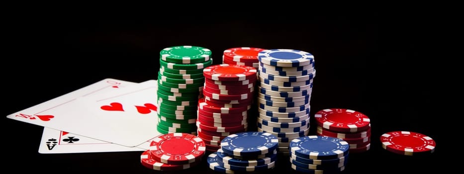 Casino poker chips falling on green felt background. Generative AI