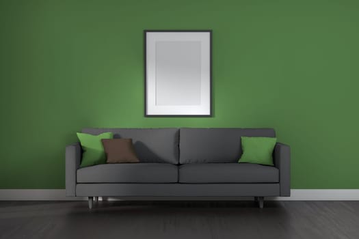 Living room interior with gray sofa, pillows, green plaid and frame on green wall background. 3D rendering.