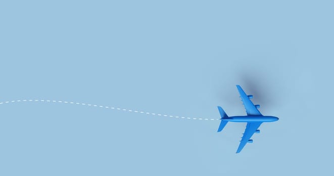 Aircraft trail on blue background. Flat lay design of travel concept. 3d rendering.