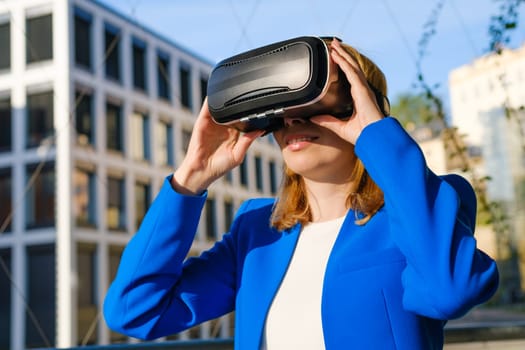 Woman wearing virtual reality headset for enjoying augmented reality near business center