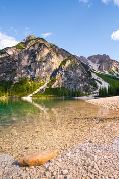 The vertical shoot of beautiful turquoise color Lake Braies in Dolomites Alps.