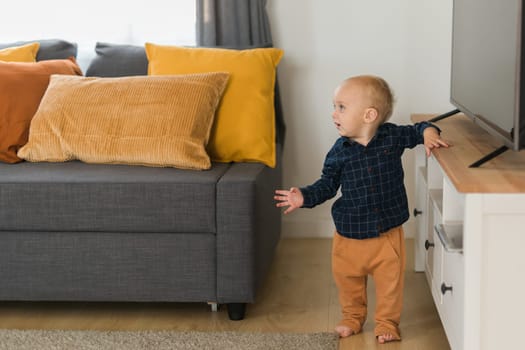 Toddler boy laughing having fun standing near sofa in living room at home. Adorable baby making first steps alone. Happy childhood and child care