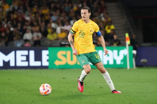 MELBOURNE, AUSTRALIA - MARCH 28: Jackson Irvine of Australia during an international friendly match between the Australia Socceroos and Ecuador at Marvel Stadium on March 28, 2023 in Melbourne, Australia.