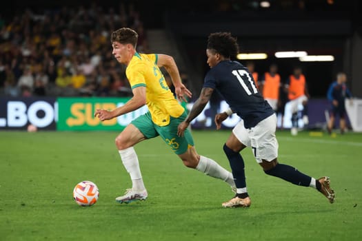 MELBOURNE, AUSTRALIA - MARCH 28: Jordan Bos of Australia during an international friendly match between the Australia Socceroos and Ecuador at Marvel Stadium on March 28, 2023 in Melbourne, Australia.