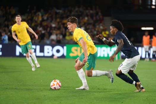 MELBOURNE, AUSTRALIA - MARCH 28: Jordan Bos of Australia during an international friendly match between the Australia Socceroos and Ecuador at Marvel Stadium on March 28, 2023 in Melbourne, Australia.