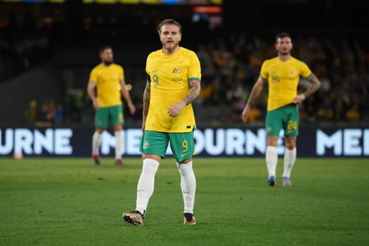 MELBOURNE, AUSTRALIA - MARCH 28: Jason Cummings of Australia during an international friendly match between the Australia Socceroos and Ecuador at Marvel Stadium on March 28, 2023 in Melbourne, Australia.
