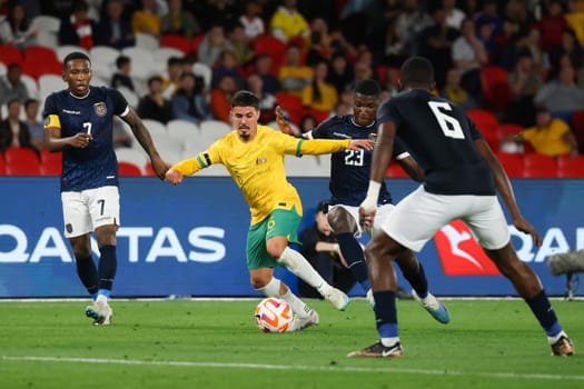 MELBOURNE, AUSTRALIA - MARCH 28: Marco Tilio of Australia during an international friendly match between the Australia Socceroos and Ecuador at Marvel Stadium on March 28, 2023 in Melbourne, Australia.