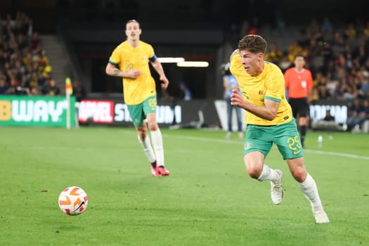 MELBOURNE, AUSTRALIA - MARCH 28: Jordan Bos of Australia during an international friendly match between the Australia Socceroos and Ecuador at Marvel Stadium on March 28, 2023 in Melbourne, Australia.