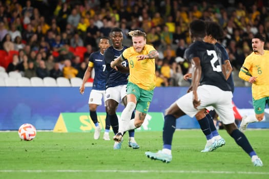 MELBOURNE, AUSTRALIA - MARCH 28: Jason Cummings of Australia during an international friendly match between the Australia Socceroos and Ecuador at Marvel Stadium on March 28, 2023 in Melbourne, Australia.