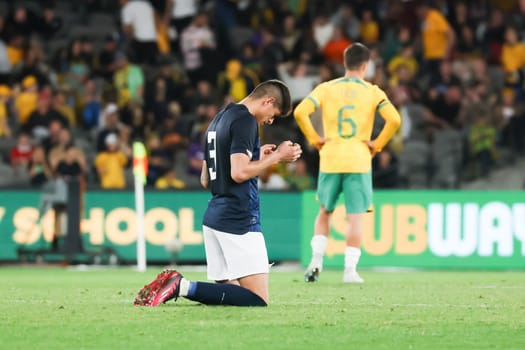 MELBOURNE, AUSTRALIA - MARCH 28: Piero Hincapie of Ecuador celebrates winning during an international friendly match between the Australia Socceroos and Ecuador at Marvel Stadium on March 28, 2023 in Melbourne, Australia.