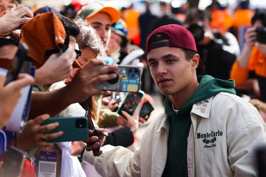 MELBOURNE, AUSTRALIA - MARCH 30: Lando Norris of Great Britain meets fans at the 2023 Australian Formula 1 Grand Prix on 30th March 2023