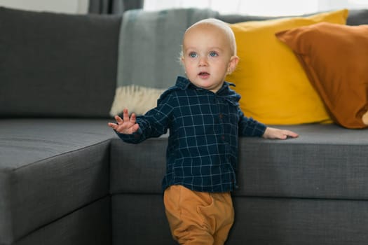 Toddler boy laughing having fun standing near sofa in living room at home. Adorable baby making first steps alone. Happy childhood and child care